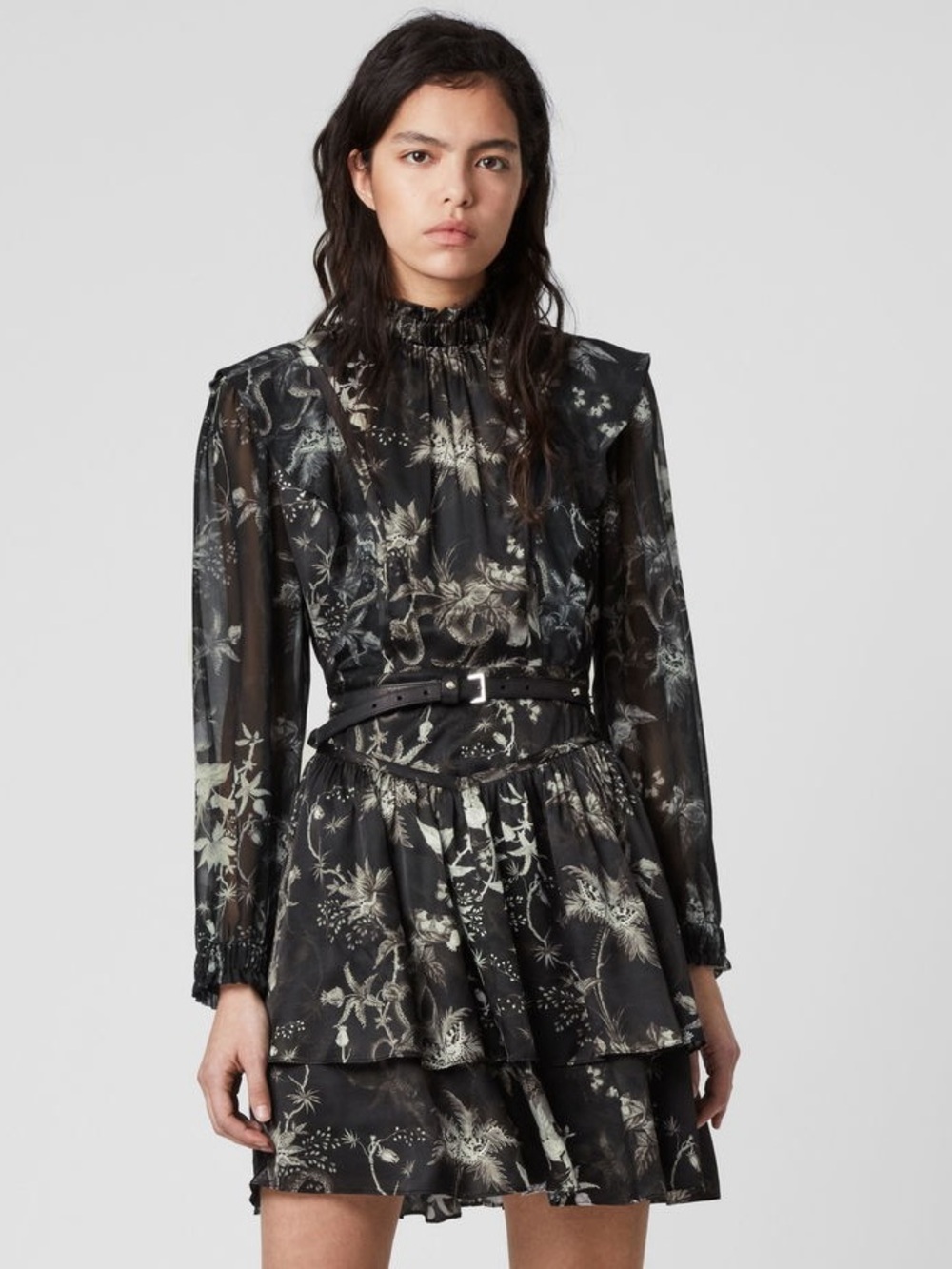 ALL SAINTS Aislyn Evolution Dress silk women long sleeve beautiful ruffle dress